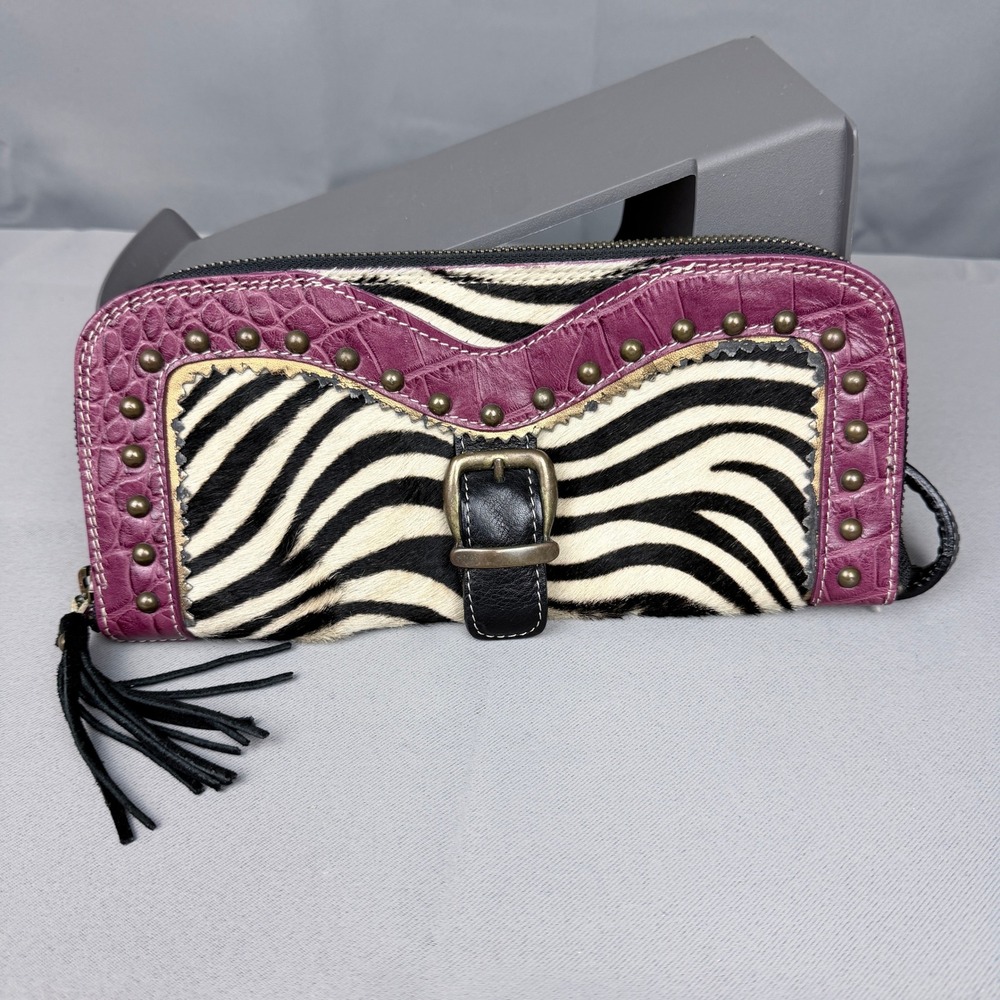 Noa Italy Zebra Hair on Hide Purple Croc Leather Studded Wristlet Clutch Wallet